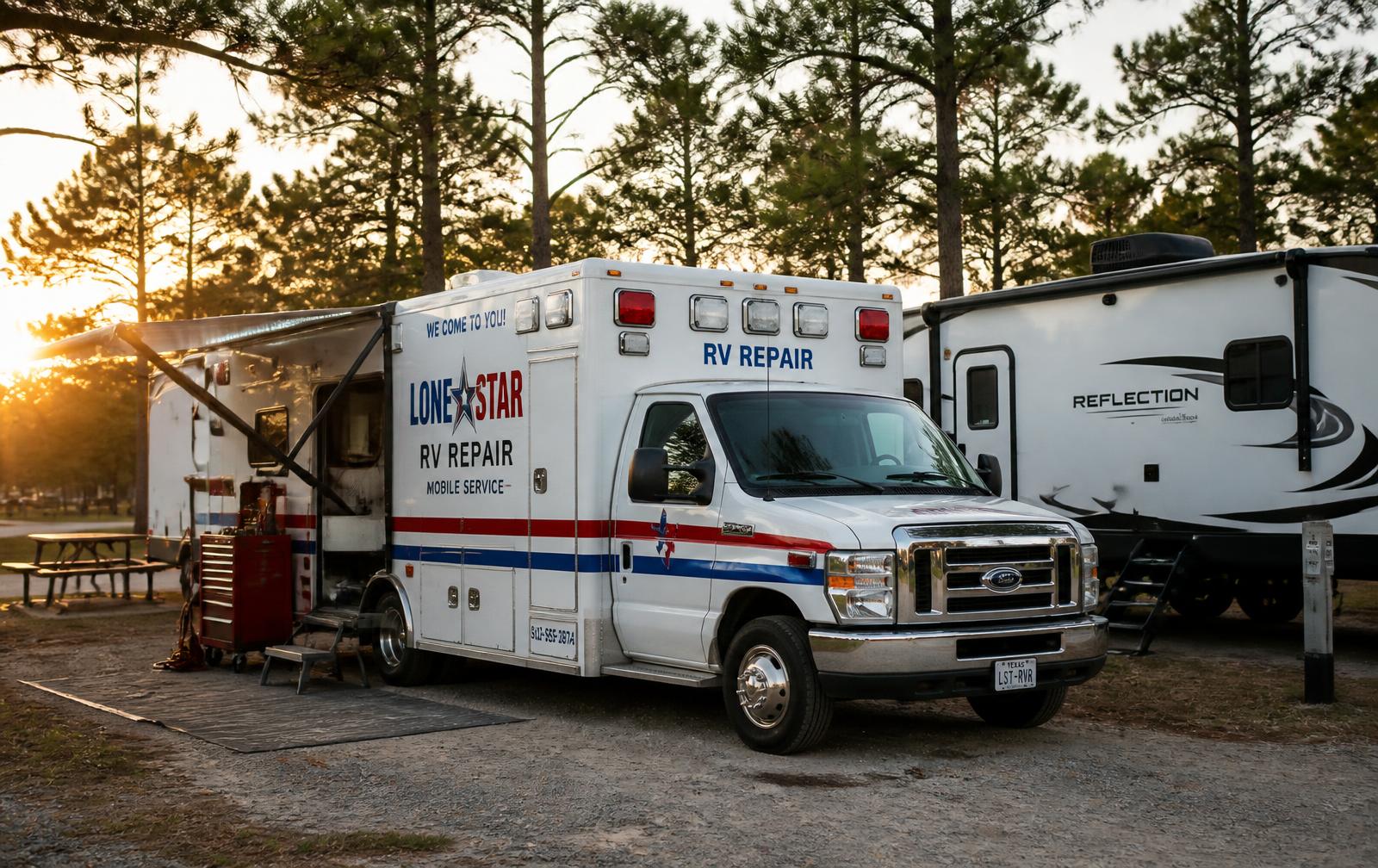 RV Paramedic ambulance service vehicle parked beside a travel trailer at a Texas campground