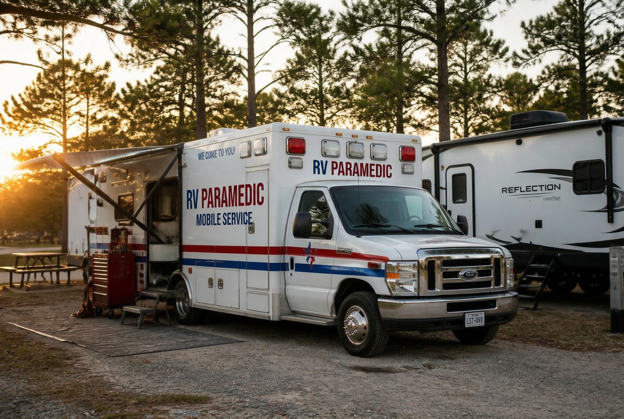 RV Paramedic ambulance service vehicle parked beside a travel trailer at a Texas campground