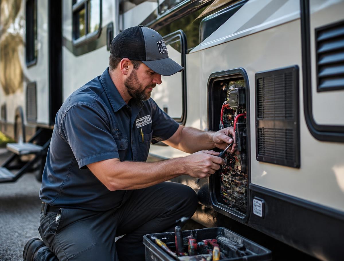 Technician repairing an RV exterior electrical panel